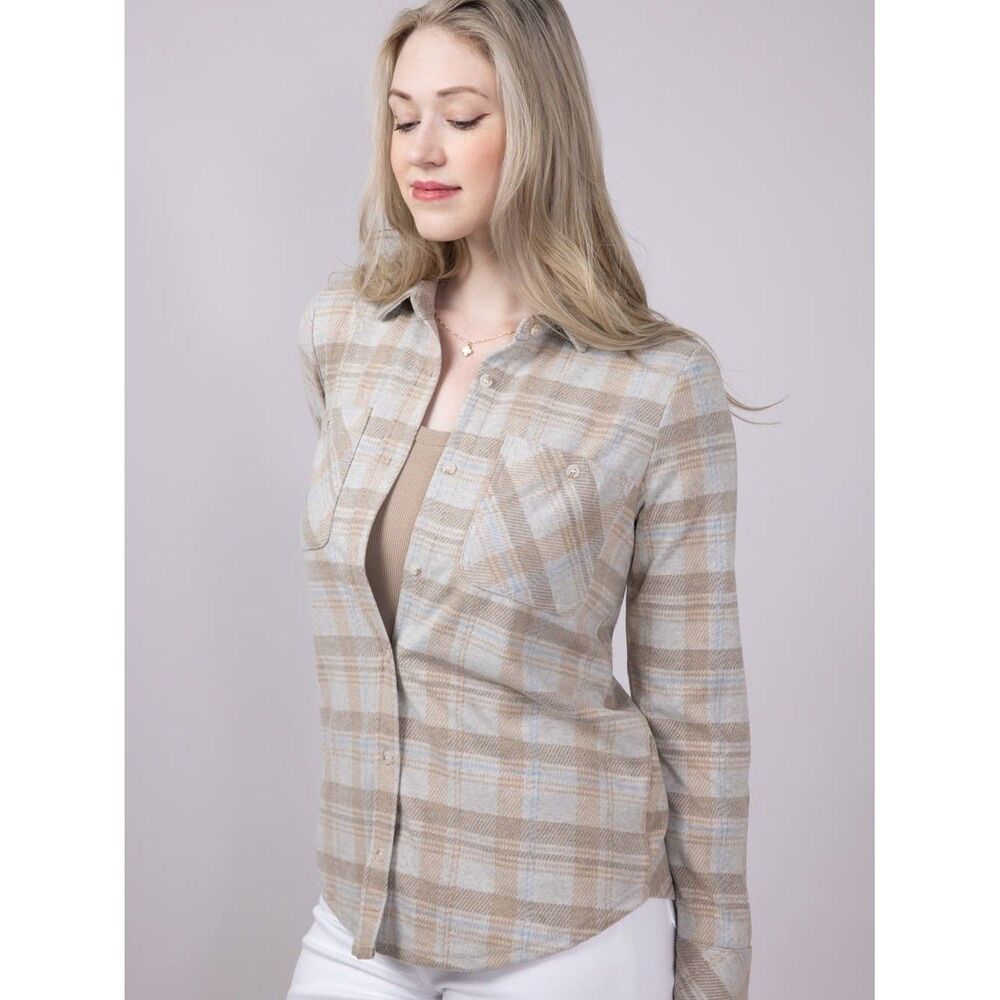 Thread & Supply White Dove Plaid Flannel Button Down Shirt Tan Cream Blue Medium